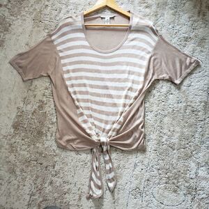 Autumn Cashmere Large Beige White Lightweight Striped Short Sleeve Top Sweater